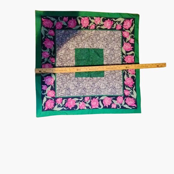 Floral Pattern Satin Scarf 28x28 Green Pink Rose - Picture 6 of 6